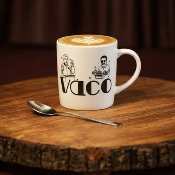 A white Vaco-branded mug with latte art and a spoon on a rustic wooden surface.